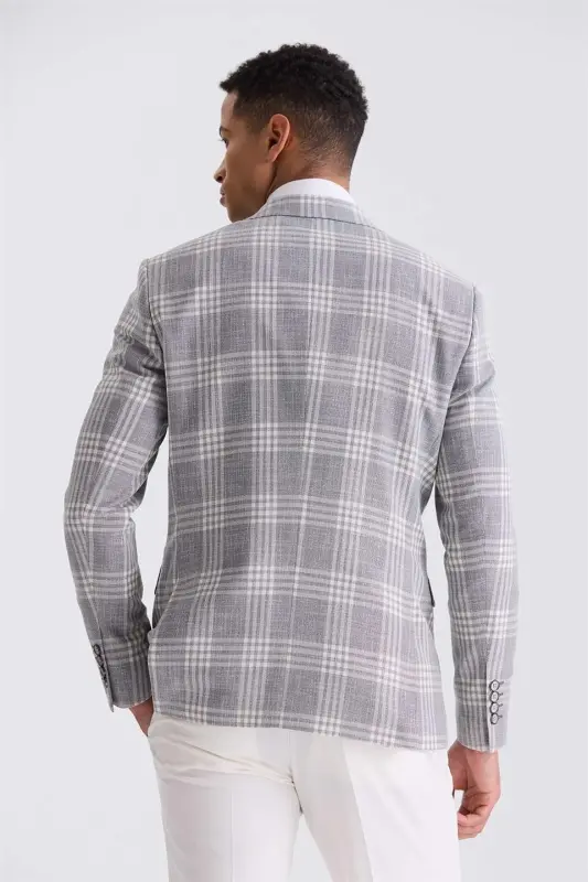 Grey Slim Fit Mono Collar Plaid Vest Suit - 4