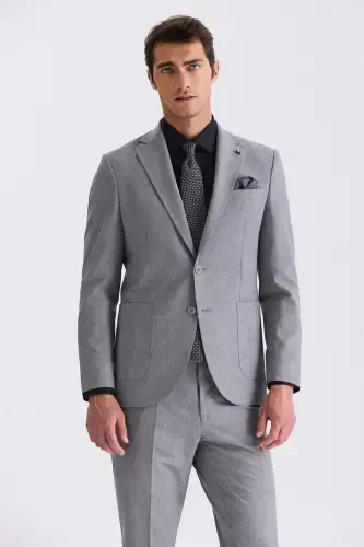 Grey Slim Fit Notch Collar Wool Suit - Modazone (1)