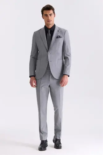 Grey Slim Fit Notch Collar Wool Suit 