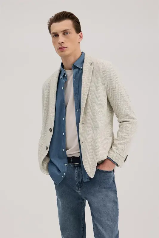 Grey Slim Fit Notch Lapel Patterned Jacket - JAKAMEN
