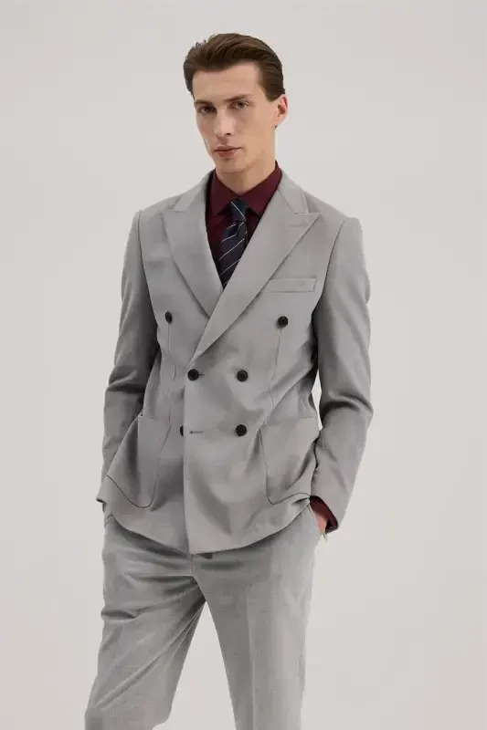 Grey Slim Fit Peak Lapel Double Breasted Blazer - 2
