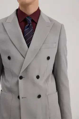Grey Slim Fit Peak Lapel Double Breasted Blazer - 3