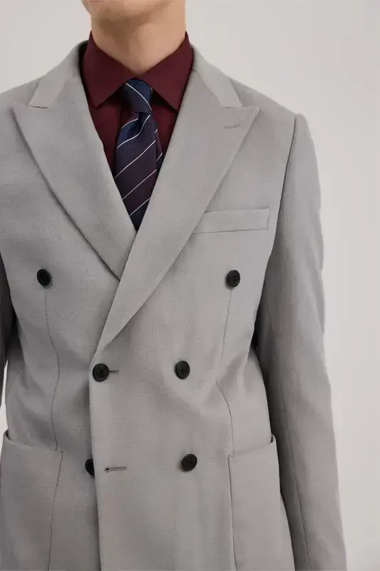 Grey Slim Fit Peak Lapel Double Breasted Blazer - 3