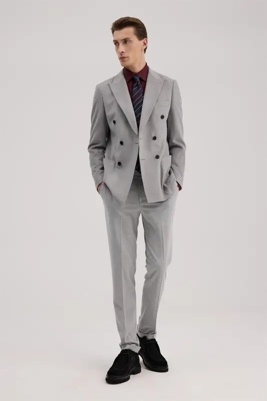 Grey Slim Fit Peak Lapel Double Breasted Blazer - JAKAMEN