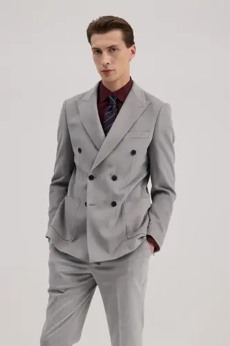 Grey Slim Fit Peak Lapel Double Breasted Blazer - JAKAMEN (1)