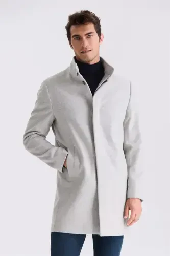 Grey Slim Fit Stand Collar Herringbone Pattern Wool Blazer - 1