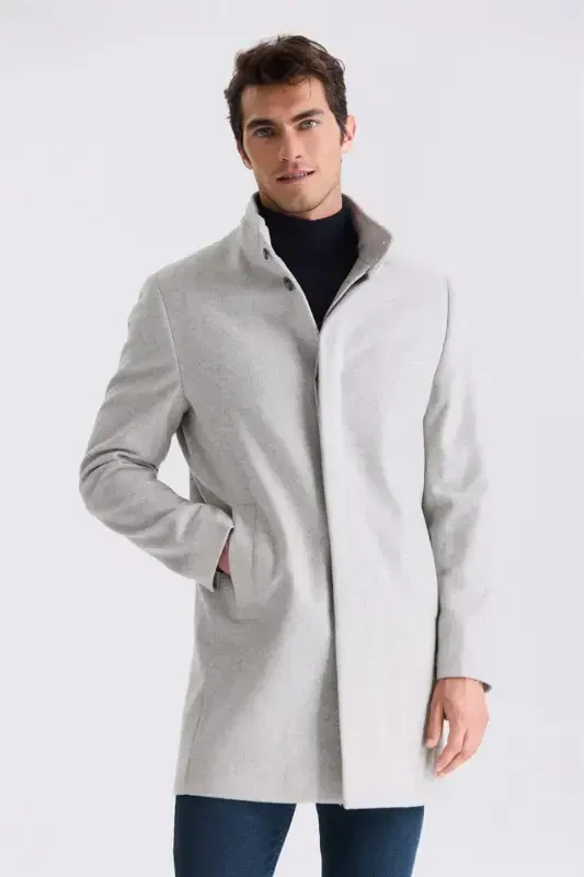 Grey Slim Fit Stand Collar Herringbone Pattern Wool Blazer - JAKAMEN