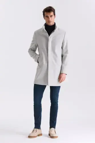 Grey Slim Fit Stand Collar Herringbone Pattern Wool Blazer - 2