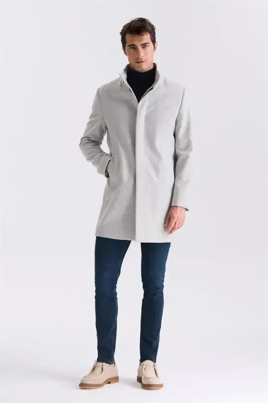 Grey Slim Fit Stand Collar Herringbone Pattern Wool Blazer - 2