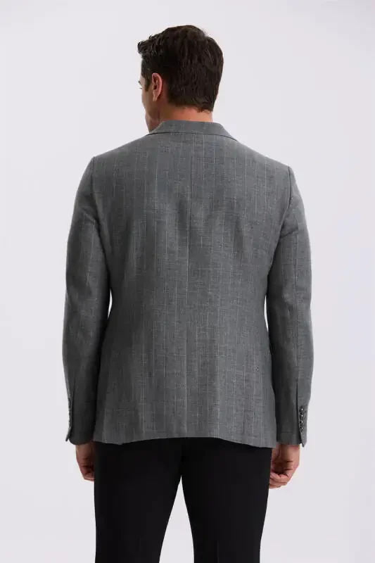 Grey Slim Fit Stand-up Collar Striped Linen Cotton Seasonal Jacket - 4