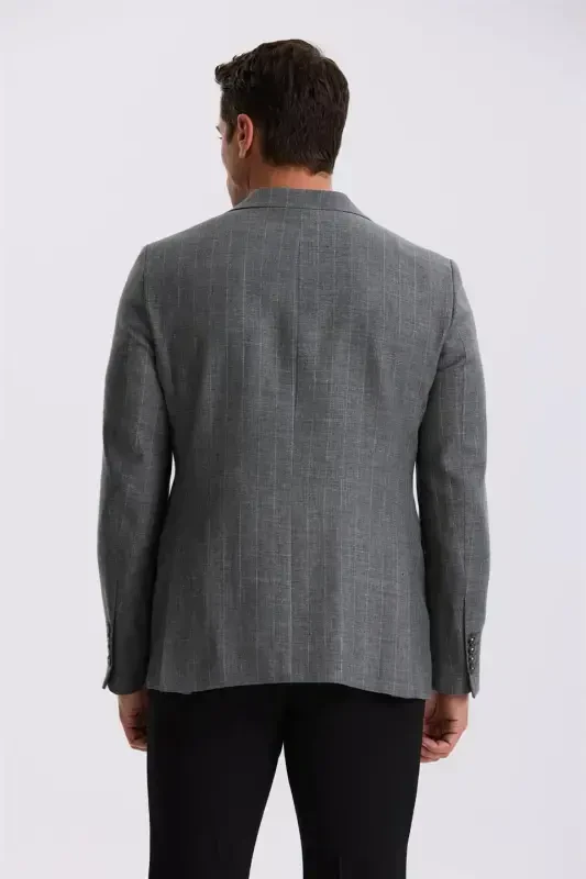 Grey Slim Fit Stand-up Collar Striped Linen Cotton Seasonal Jacket - 4