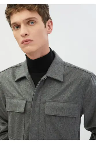 Grey Solid Regular Fit Woven 100% Cashmere Overshirt - 4