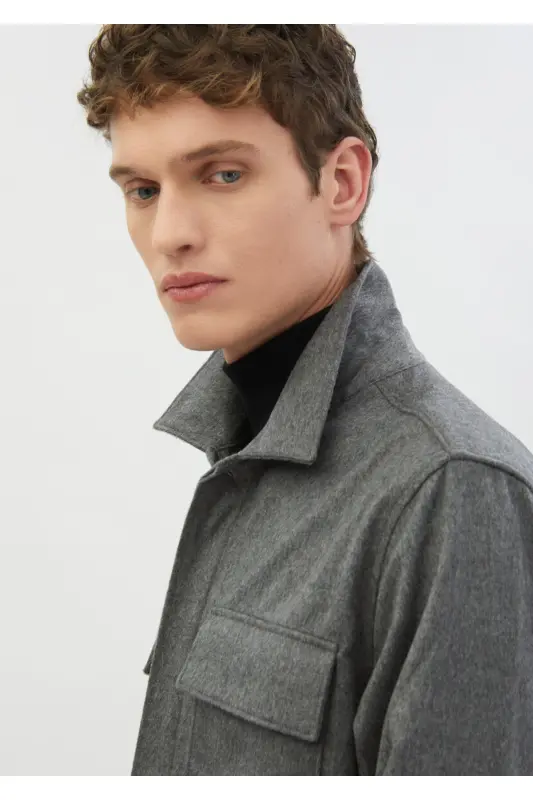 Grey Solid Regular Fit Woven 100% Cashmere Overshirt - 5