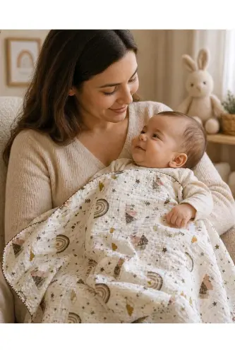 Grey Star Patterned Organic Muslin Baby Girl and Boy Swaddle Blanket - Brown-Star - 3