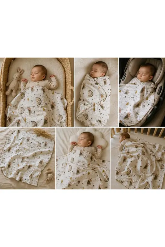 Grey Star Patterned Organic Muslin Baby Girl and Boy Swaddle Blanket - Brown-Star - 4