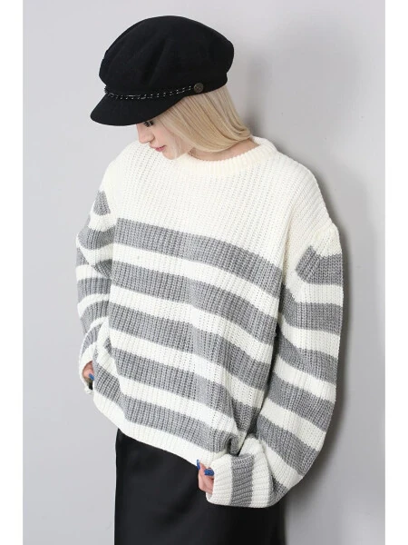 Grey Striped Women's Sweater - 3