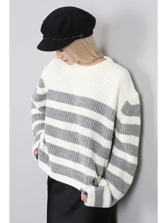 Grey Striped Women's Sweater - 1