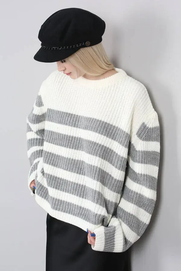 Grey Striped Women's Sweater - 7