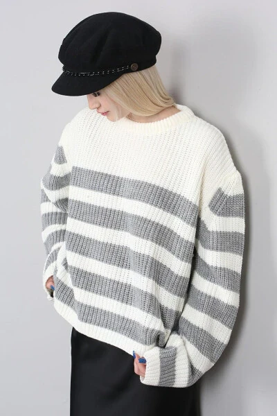 Grey Striped Women's Sweater - 5