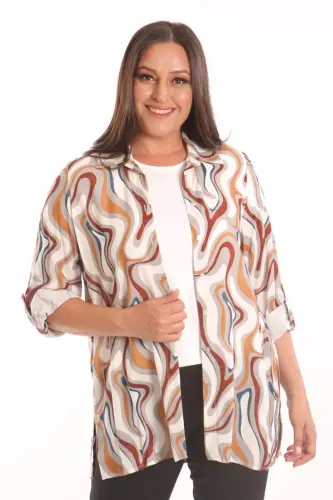 Grey Two-Piece Set with Patterned Viscose Shirt Blouse in Plus Size - 3
