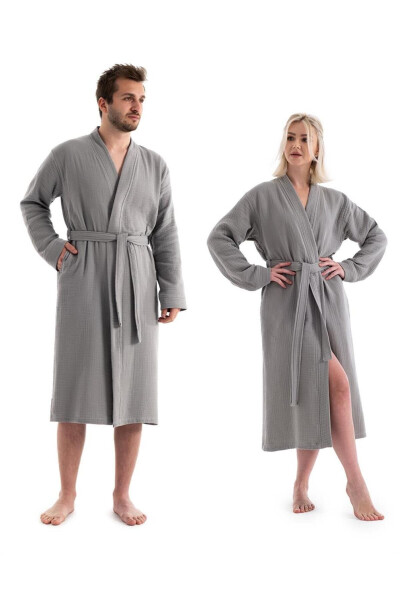 Grey Unisex Kimono Muslin Bathrobe - 100% Cotton & Highly Absorbent Robe - DENIZLI CONCEPT (1)