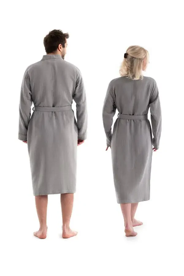 Grey Unisex Kimono Muslin Bathrobe - 100% Cotton & Highly Absorbent Robe - 3