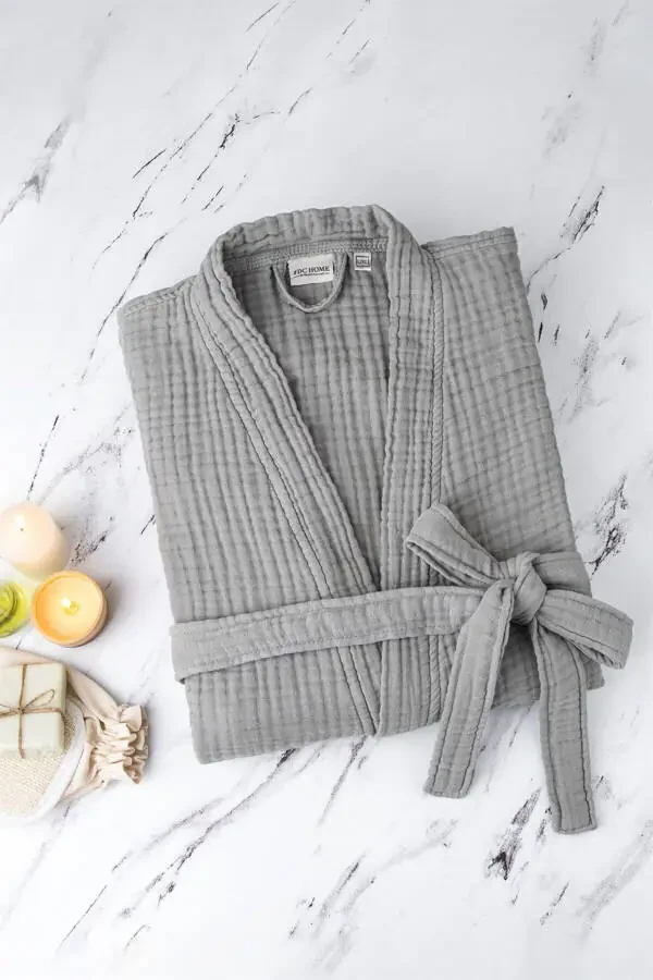 Grey Unisex Kimono Muslin Bathrobe - 100% Cotton & Highly Absorbent Robe - 5