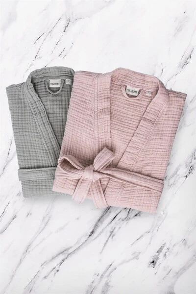 Grey Unisex Kimono Muslin Bathrobe - 100% Cotton & Highly Absorbent Robe - 7