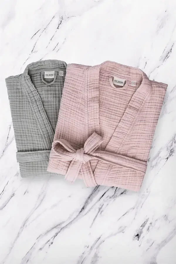 Grey Unisex Kimono Muslin Bathrobe - 100% Cotton & Highly Absorbent Robe - 7