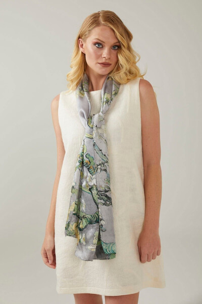 Grey Van Gogh Almond Blossoms 50x170 Satin Silk Scarf - DERIDERIM (1)