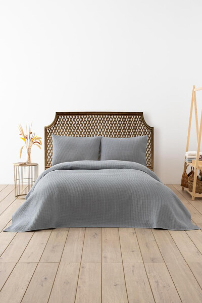Grey Waffle Double Bed Quilt Set - Lightweight Bedspread - Cool & Soft - 3 Pieces - DENİZLİ CONCEPT