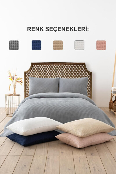 Grey Waffle Double Bed Quilt Set - Lightweight Bedspread - Cool & Soft - 3 Pieces - 5