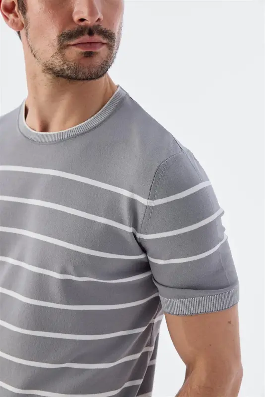 Grey White Slim Fit Crew Neck Striped Knit T-Shirt - 3