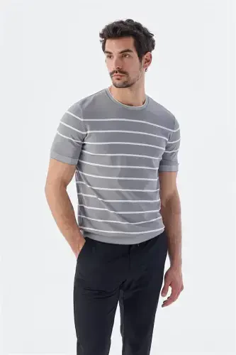 Grey White Slim Fit Crew Neck Striped Knit T-Shirt - 1