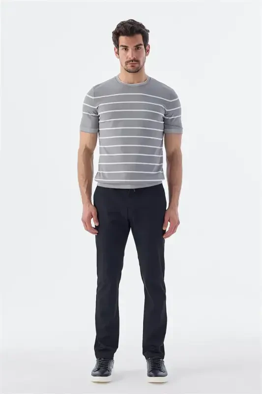 Grey White Slim Fit Crew Neck Striped Knit T-Shirt - 2