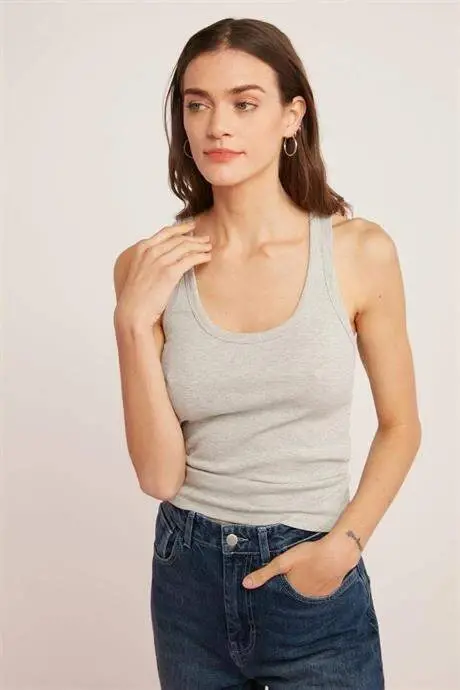 Grey Women's Ribbed Mock-Neck Tank Top with Thick Straps - 1