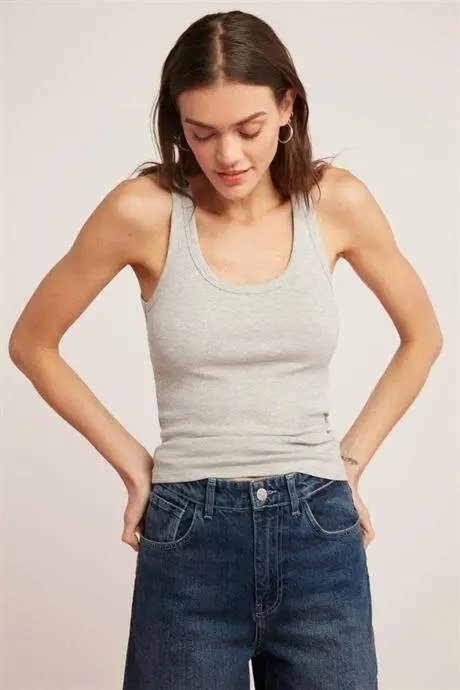 Grey Women's Ribbed Mock-Neck Tank Top with Thick Straps - 2