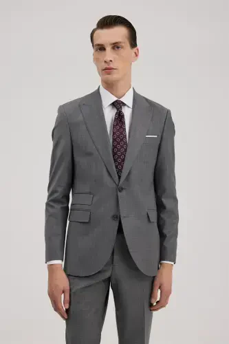 Grey Wool Slim Fit Peak Lapel Suit 