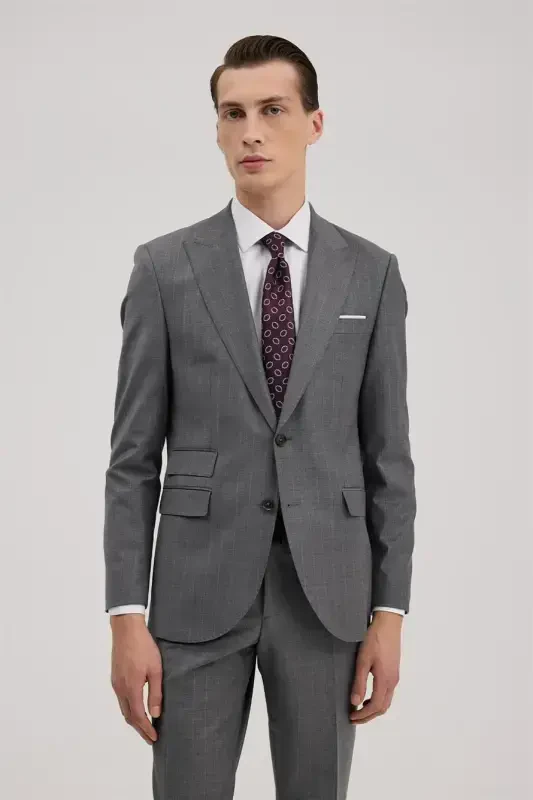 Grey Wool Slim Fit Peak Lapel Suit - JAKAMEN