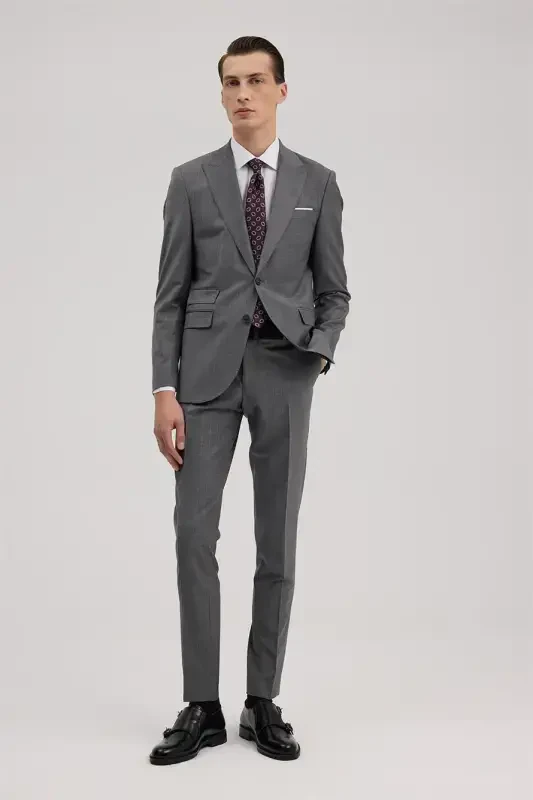 Grey Wool Slim Fit Peak Lapel Suit - 2