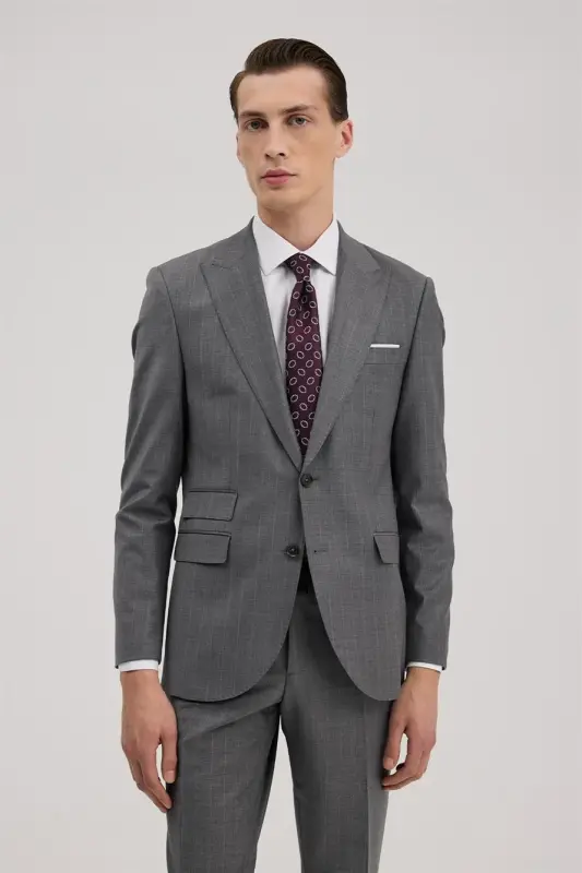 Grey Wool Slim Fit Peak Lapel Suit - 1