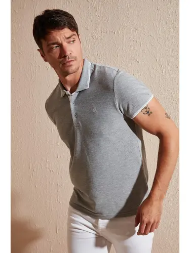 Gri %100 Pamuk Düğmeli Regular Fit Polo Tişört 5902118-Gri 