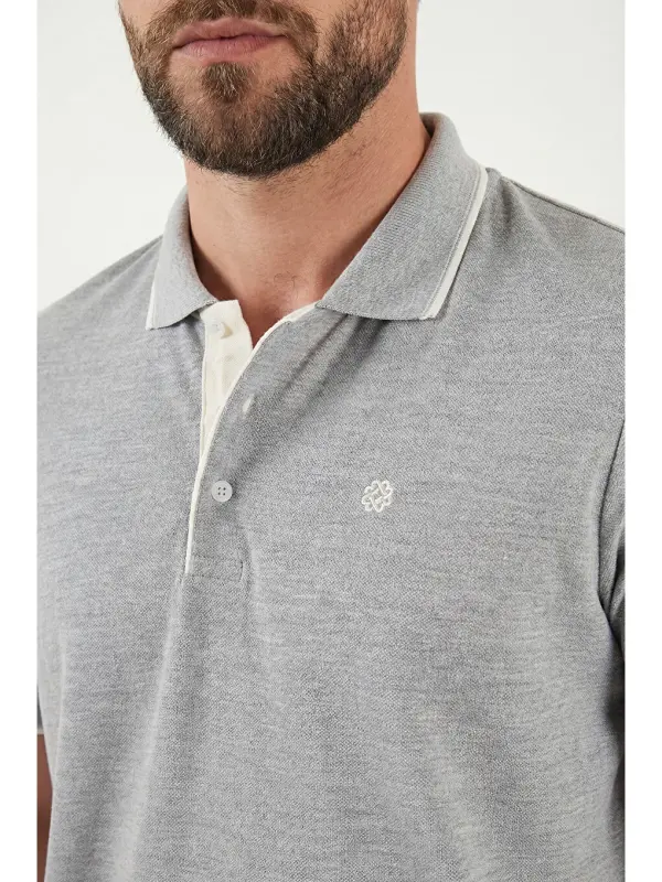 Gri %100 Pamuk Düğmeli Regular Fit Polo Tişört 5902118-Gri - 4