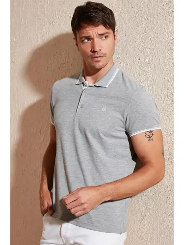 Gri %100 Pamuk Düğmeli Regular Fit Polo Tişört 5902118-Gri - 7