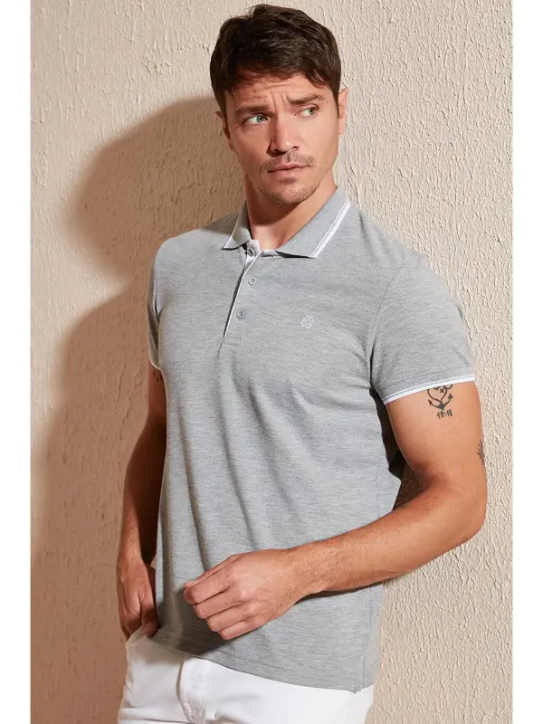 Gri %100 Pamuk Düğmeli Regular Fit Polo Tişört 5902118-Gri - 7