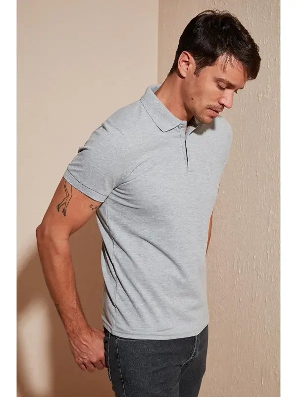 Gri %100 Pamuk Düğmeli Regular Fit Polo Tişört 5902127-Gri - 1