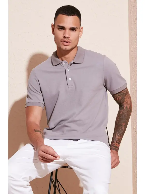 Gri %100 Pamuk Düğmeli Regular Fit Polo Tişört 5902127-Gri - 1