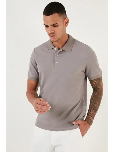 Gri %100 Pamuk Düğmeli Regular Fit Polo Tişört 5902127-Gri - 3