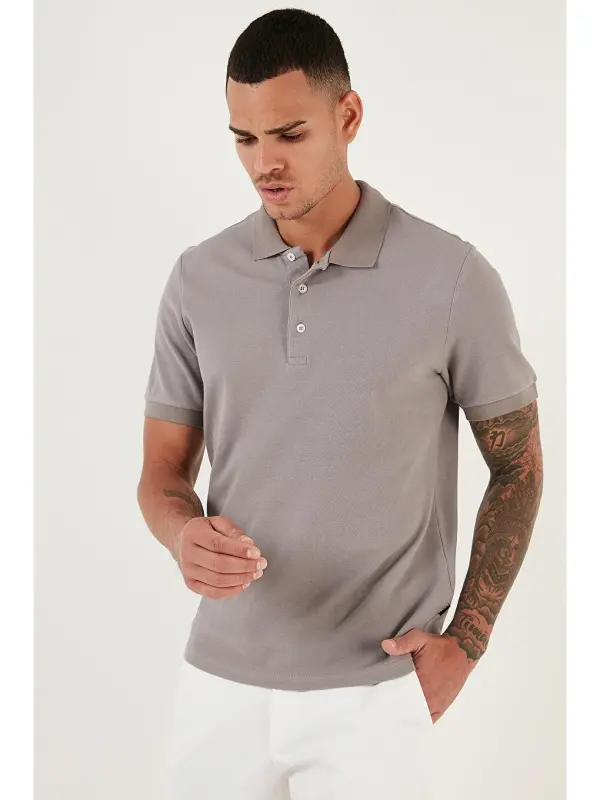 Gri %100 Pamuk Düğmeli Regular Fit Polo Tişört 5902127-Gri - 3