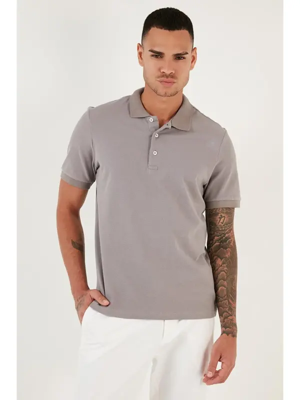 Gri %100 Pamuk Düğmeli Regular Fit Polo Tişört 5902127-Gri - 5